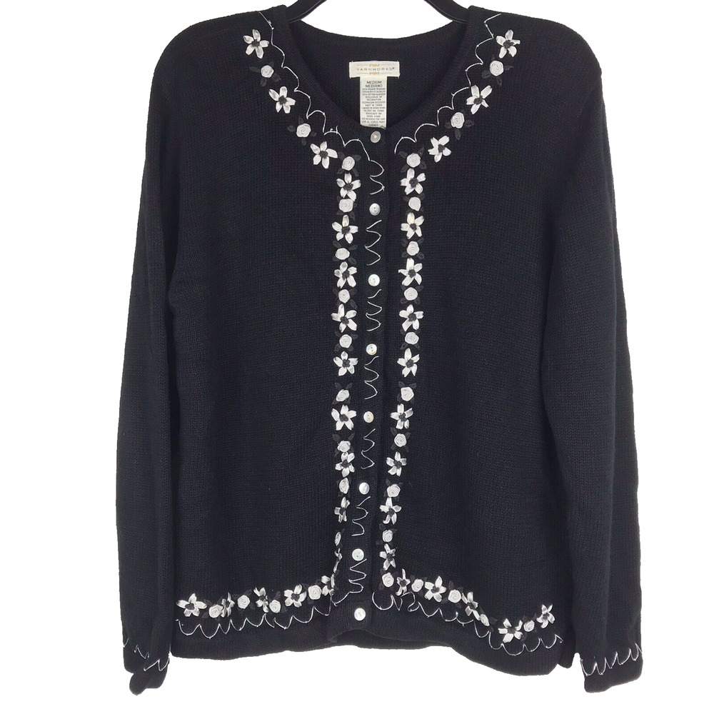 Yarnworks Cardigan Button Front Sweater Floral Embroidered Black White Medium